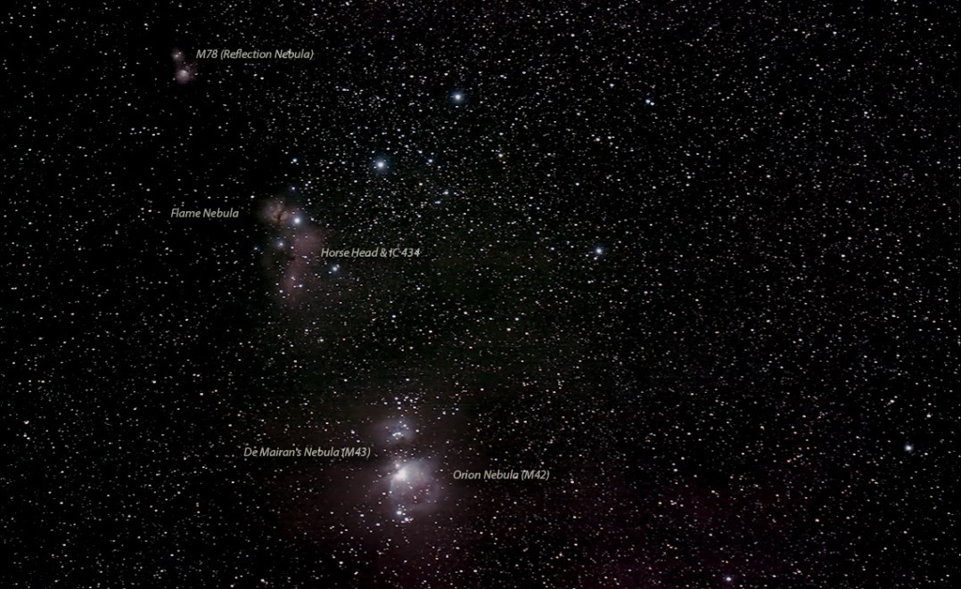 The "Axis of Nebula" in the constellation of Orion. Spanning from M78 in the upper left, through Flame and Horse Head nebulas in the center, down to M43 and Orion Nebula (M42) in the lower right. 