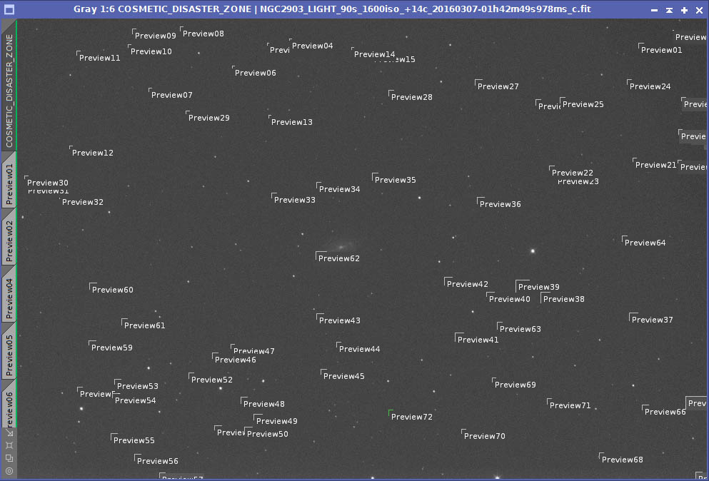 Cosmetic Disaster Zone: Previews drawn around major hot pixels in a light frame